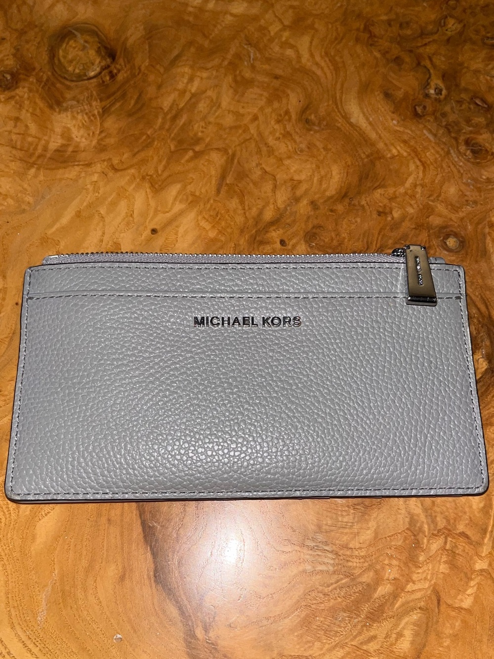 Michael Kors Light Gray Pebbled Leather Zip Card Case